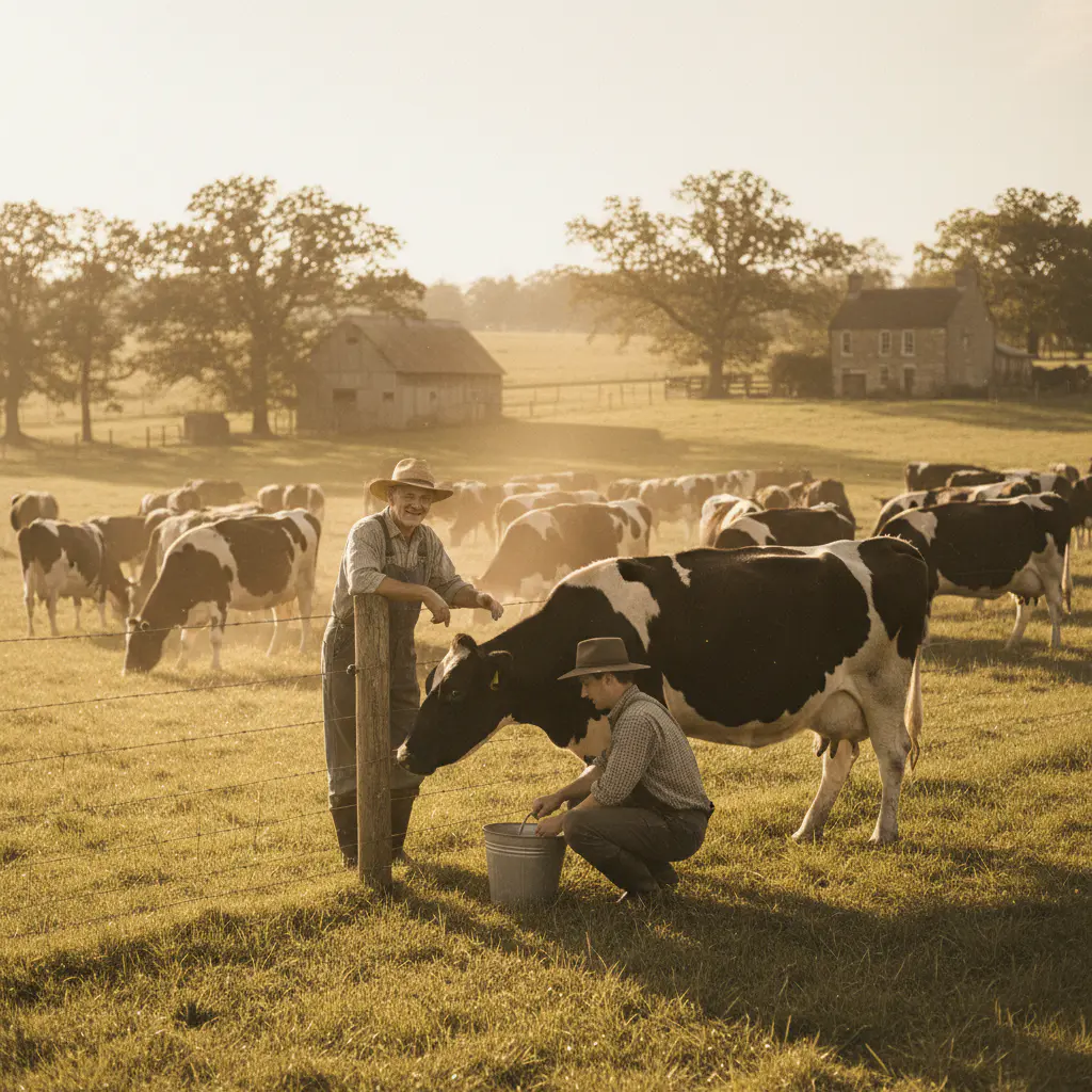 Farmers in a sunlit pasture with dairy cows
