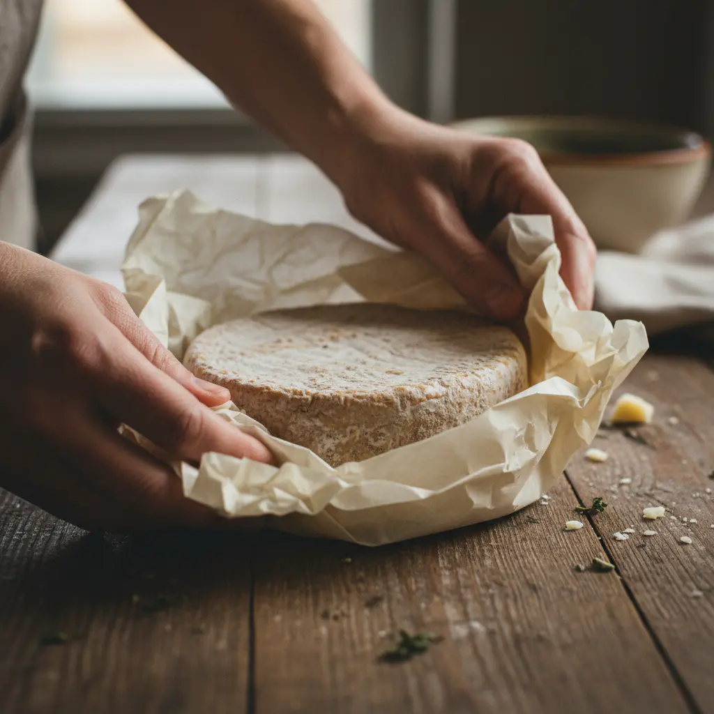 Hands wrapping rustic farm cheese