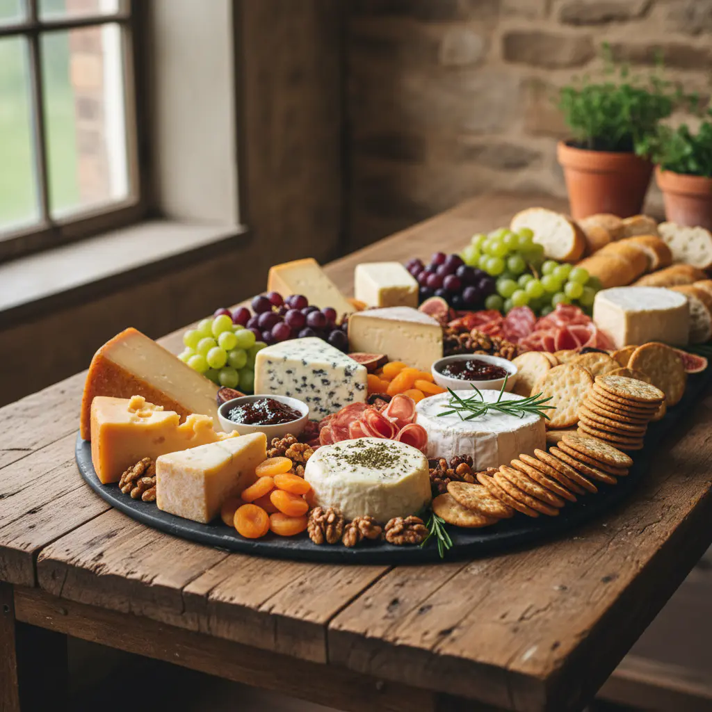 Beautiful cheese platter on rustic table