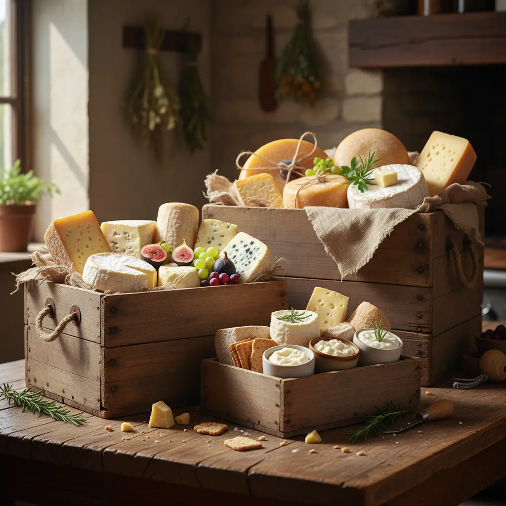 Three different sized rustic boxes filled with assorted farm cheeses